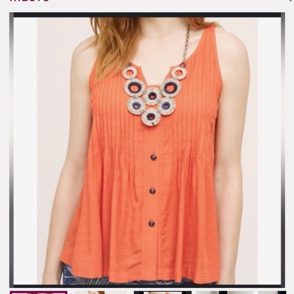 Anthropologie Maeve Babydoll Tank Top Orange V-Neck Pleated Sleeveless Size 6